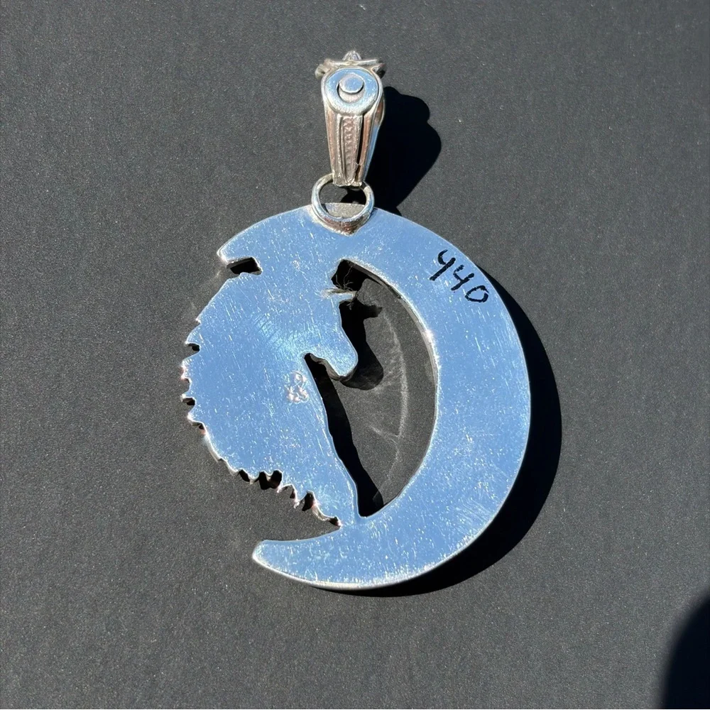Jennifer Cayaditto Signed Sterling Silver Triple Turquoise Moon & Horse Pendant
